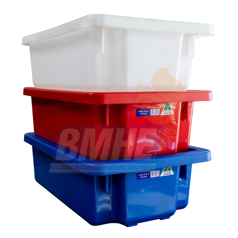 Three plastic tubs stacked on top of each other. All same size with lids, one blue one red one white