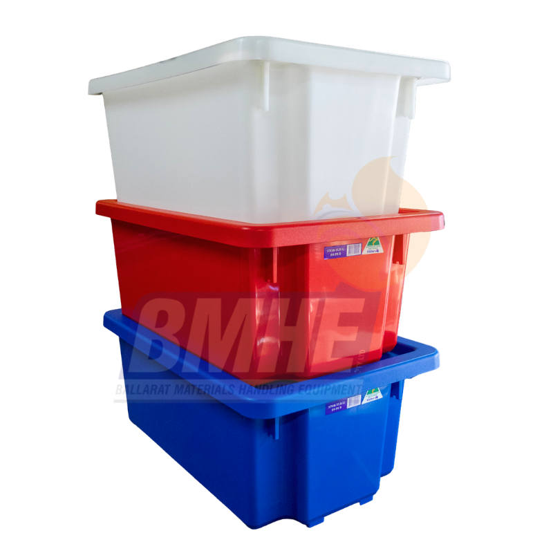 Three tubs stacked on top of each other, blue at the bottom, red then white all with lids on