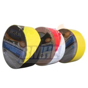3 rolls of tape lined up still in their packaging. one alternating diagonal stripes of yellow and black, one alternating diagonal stripes of white and red and the last one solid yellow