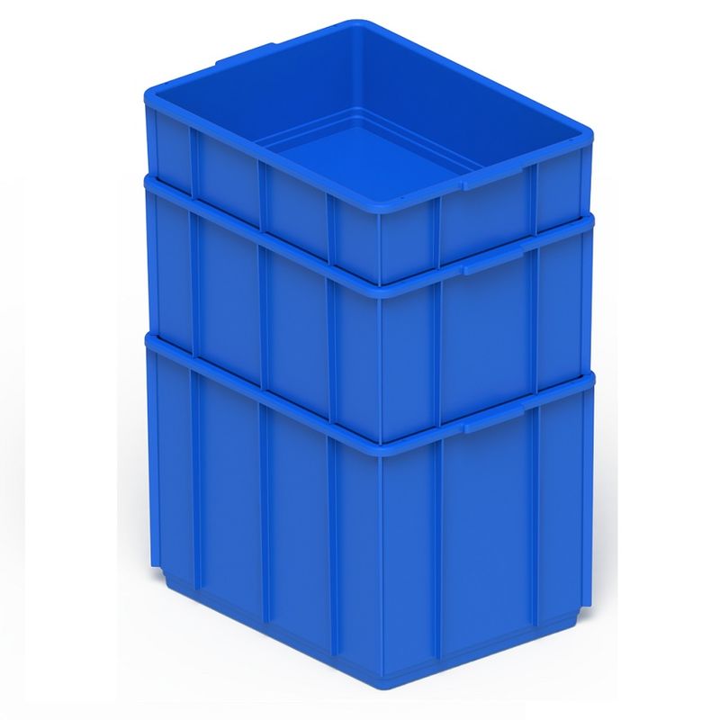 three blue stacking tote boxes shown stacked
