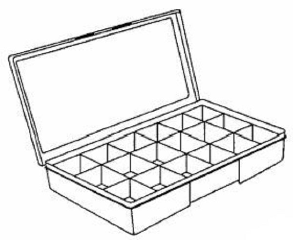 Drawing of an 18 Compartment Clear Storage Box