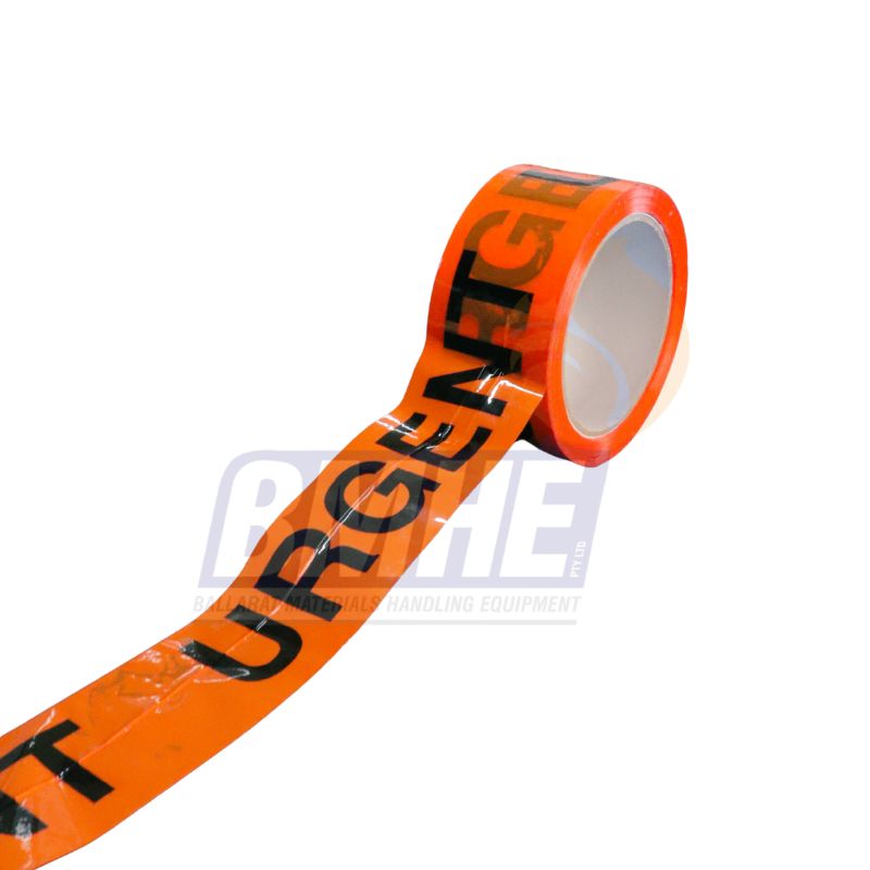 Half rolled out bright orange sticky tape with thick black letters spelling out "urgent"