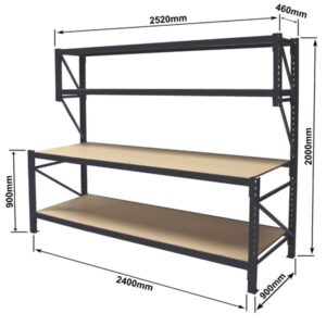 Garage work bench 2400 is a work bench with a bottom shelf, a worktop and two smaller shelves above the bench top