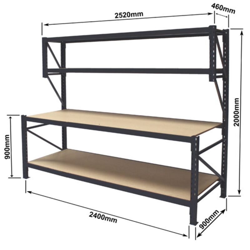 Garage work bench 2400 is a work bench with a bottom shelf, a worktop and two smaller shelves above the bench top