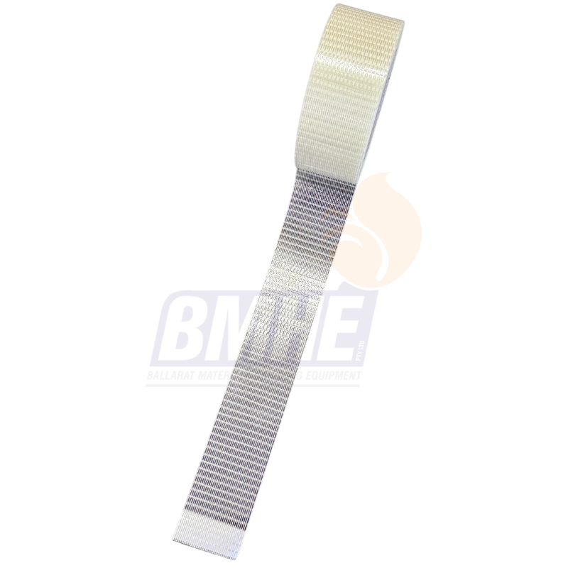 48mm Filament Tape Clear tape with white fibers throughout, reinforcing the tape. Image shows tape rolled out slightly to highlight the reinforcement in the tape.